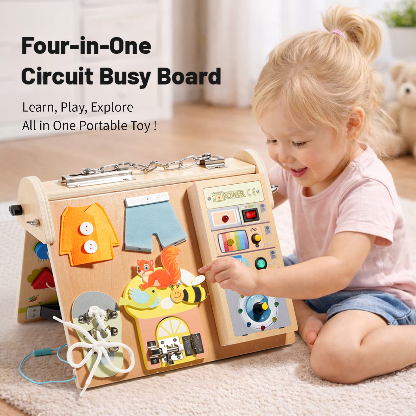 Wooden 4-in-1 Busy Board with  – обзор и цена Board Game Education